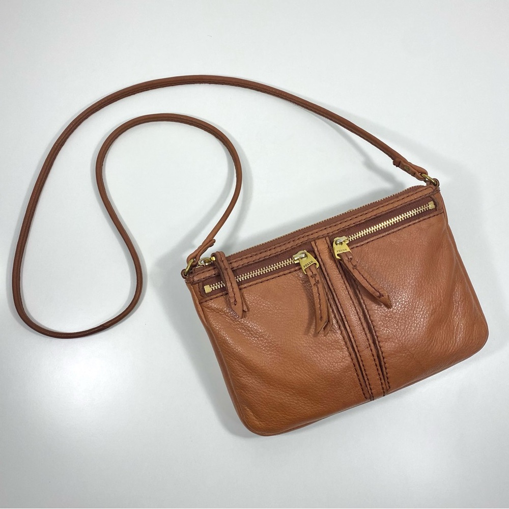 Vintage Fossil Erin Cognac Caramel Brown Pebbled Leather Top Zip Crossbody Bag - Picture 2 of 16
